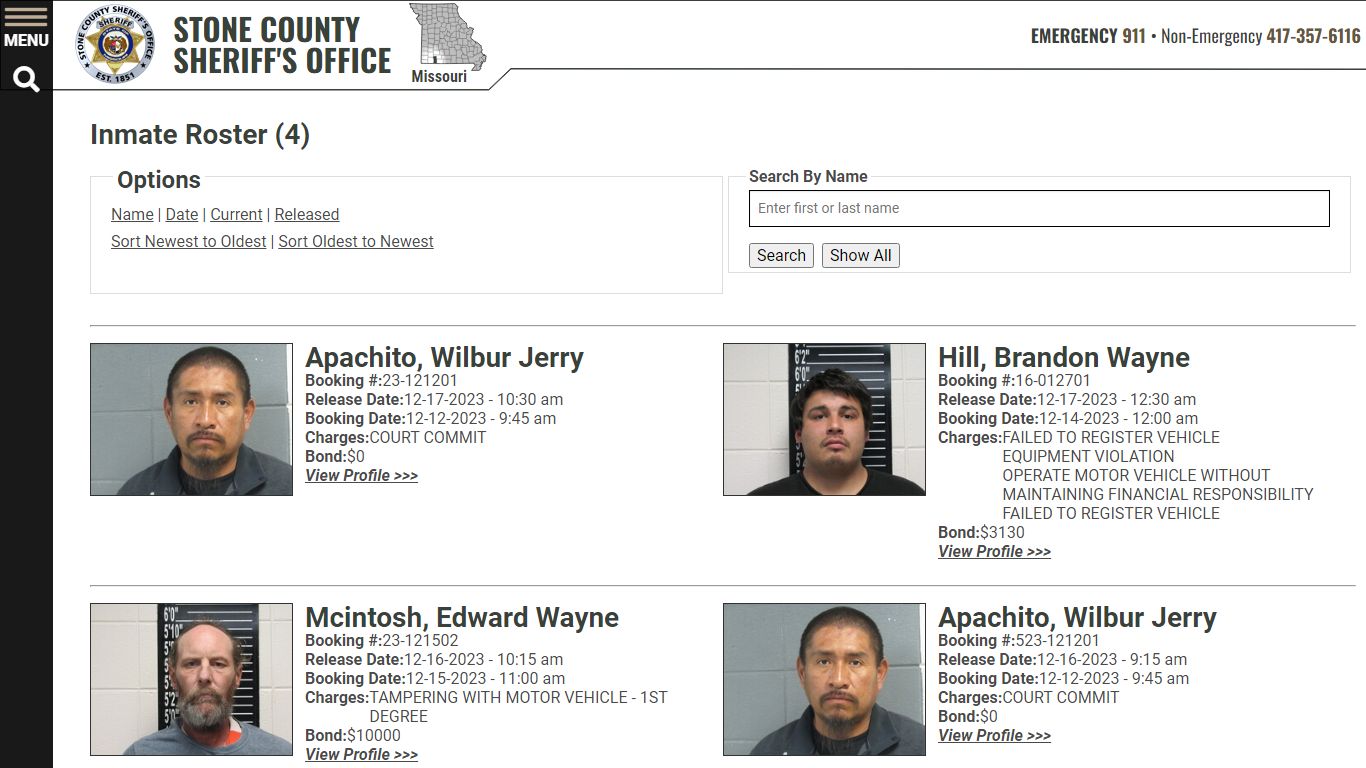 Inmate Roster - Released Inmates Booking Date Descending - Stone County ...